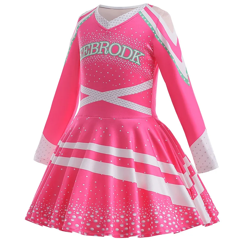 Girls Zombies Cheerleader Dress Up Outfit Pink Long Sleeve Print Dress For Children Halloween Cheer Uniform School Party Costume