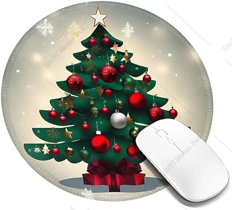 Christmas Gift Tree Round Mouse Pad Cute Small Gaming Mouse Pad Non-Slip Rubber Base Sewing Edge Suitable for Office Home 7.9 In