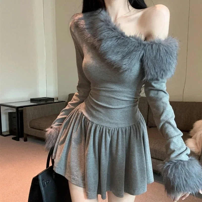 Robe à col en fourrure de Maillard pour femmes, Pure et Sexy, épaules dénudées, jupe plissée à une épaule avec taille cintrée, automne et hiver