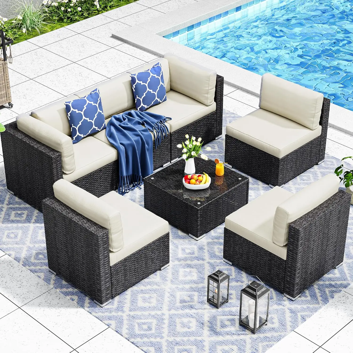 

7PCS Outdoor Patio Furniture Set, Sectional Sofa PE Rattan Wicker Conversation Set Outside Couch w/Table & Cushions for Backyard