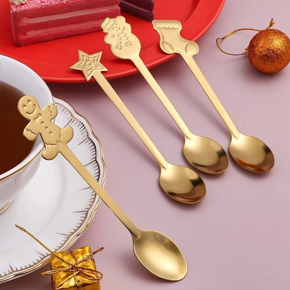 4PCS Set New Stainless Steel Dessert Spoons Festive Snowman Cutlery Spoon Gingerbread Stocking Present Box Table Setting