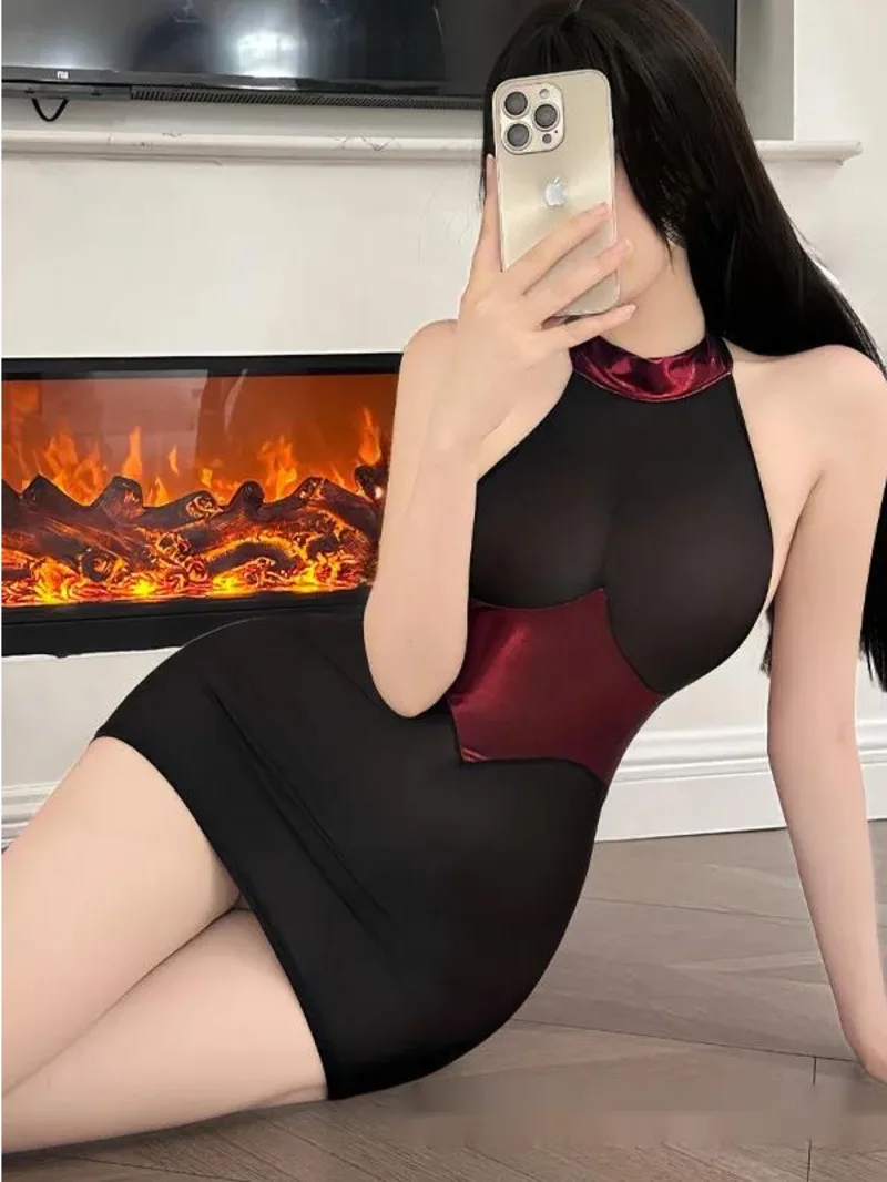 โปร่งใสเซ็กซี่สีดําและสีแดง Patchwork ทองเงา Embellished ชุดไนท์คลับ Robe Elegant ตาข่ายลูกไม้ Sheer เซ็กซี่ HYT8