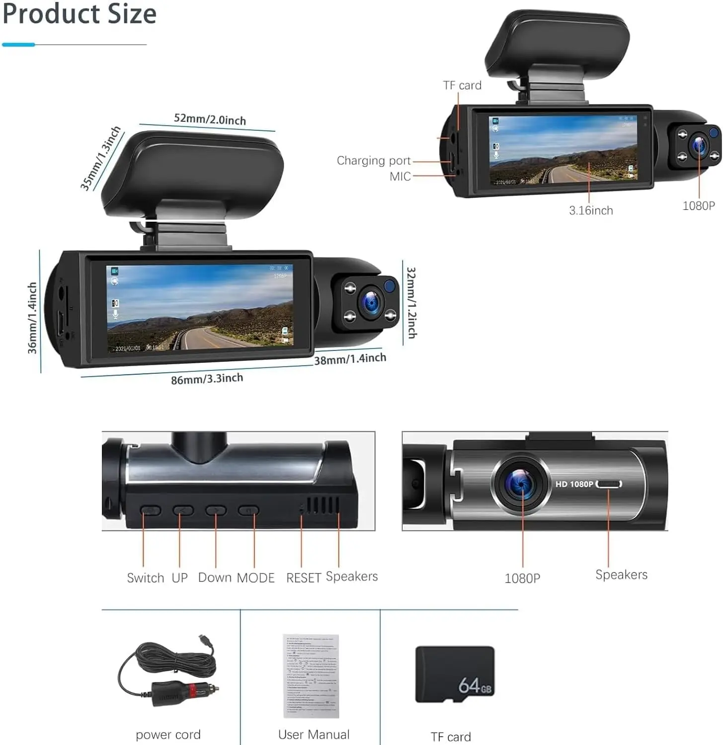 كاميرا مزدوجة للسيارة DVR 3.16 بوصة IPS 1080P HD أمامي وداخلي 64 جيجابايت رؤية ليلية G-مستشعر زاوية واسعة تسجيل حلقة