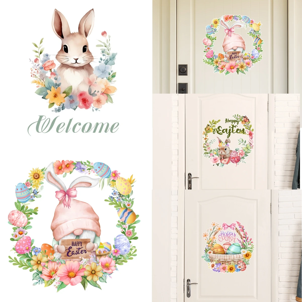 Easter Rabbit Welcome Door Sticker Kid Room Decoration Wall Decals Bedroom Self-adhesive Home Decor Wallpaper Cute Bunny Mural