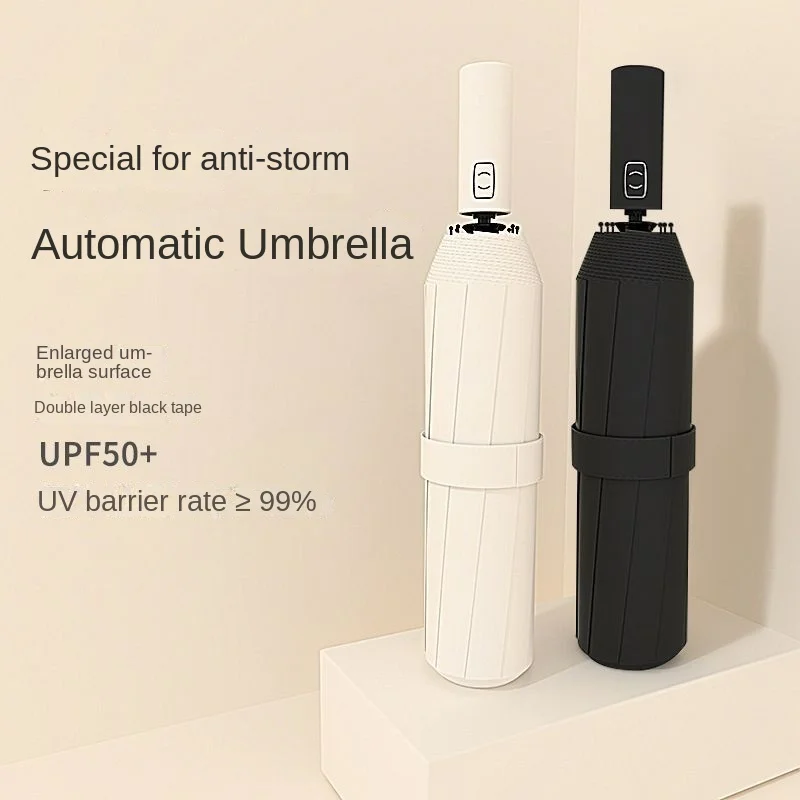 Fully automatic umbrella, reinforced foldable umbrella for both wind and rain resistance, black glue sunscreen umbrella