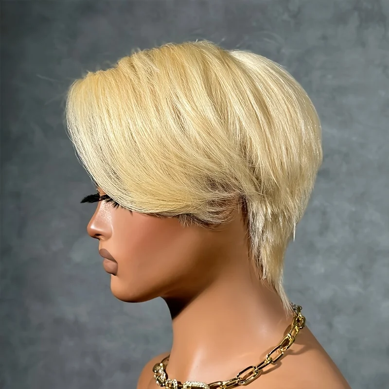 

613 Blonde Pixie Cut Wig Natural Looking straight Human Hair 13x4x1 Lace Front Wig with 180% Density Pre-Plucked Hairline For Wo