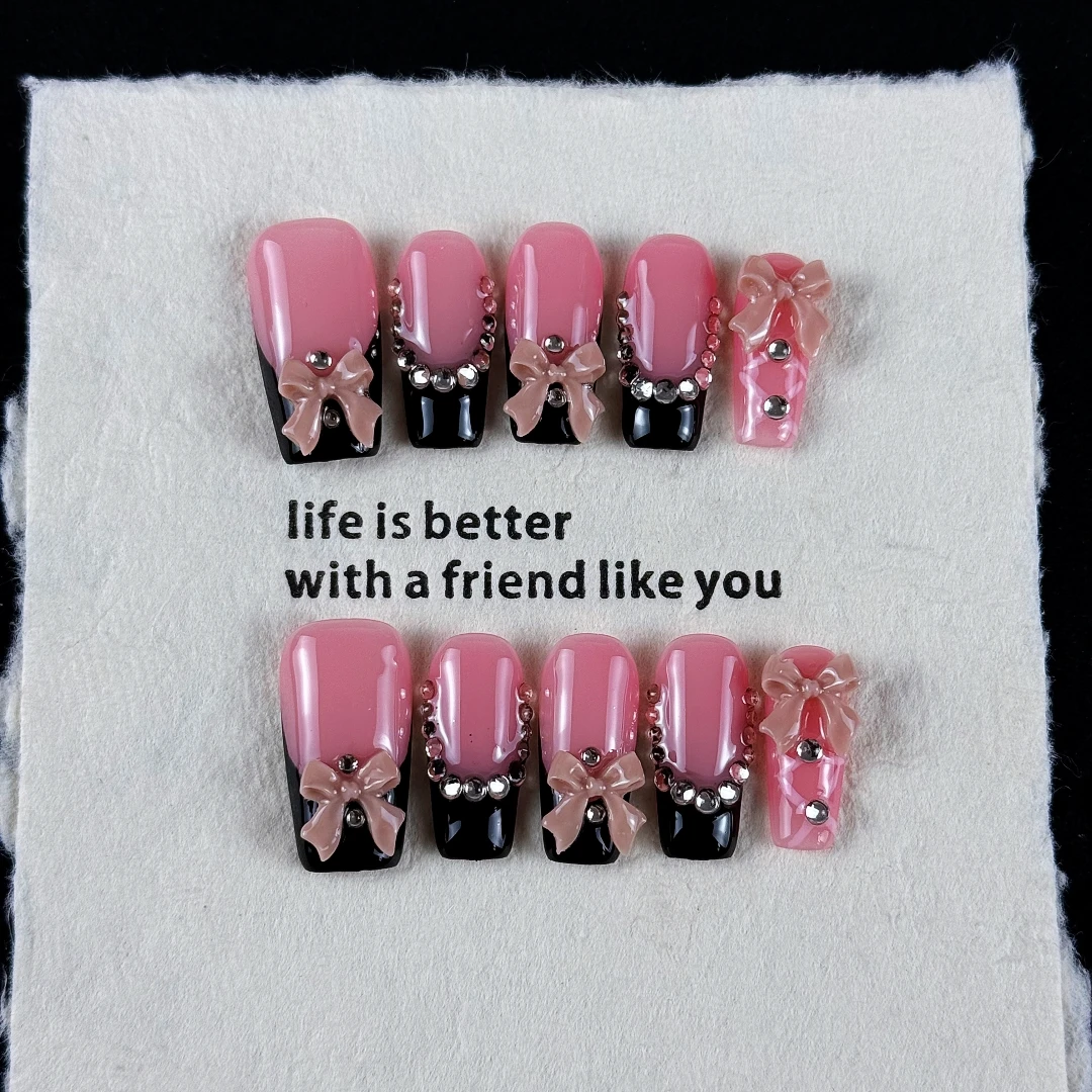 10pcs high-end Sweet and cool style, hand-painted three-dimensional bowknots, glittering point diamonds handmade fake nails