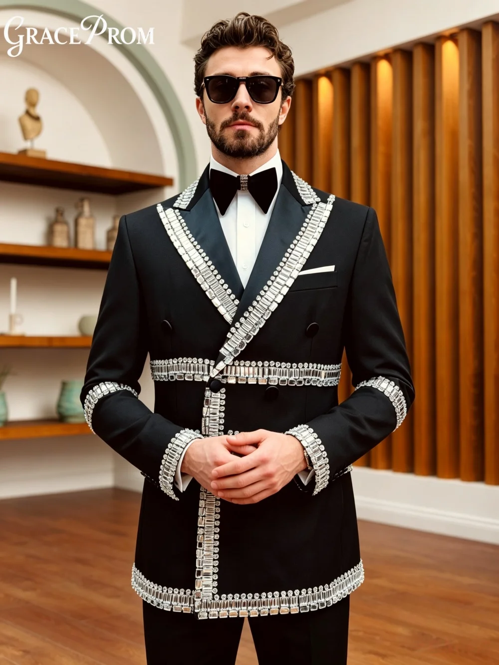 Glamorous Black Double Breasted Men Tuxedo Crystal Beaded Edge 2 PCS Luxury Suit Set For Wedding Groom Party فساتين سهرة رجالية