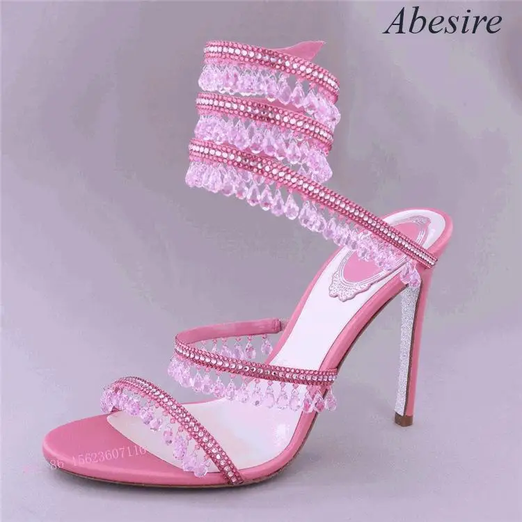 2023 New Crystal Diamond Catwalk Ankle Snake Shape Stiletto Sandals Sexy Large Size Women\'s Shoes