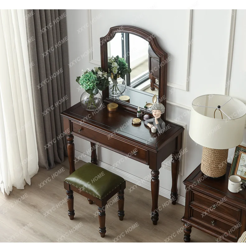 

X40 Solid Wood Dresser Bedroom Simple Retro Storage Cabinet Multi-functional Drawer Makeup Mirror Integrated Makeup Table