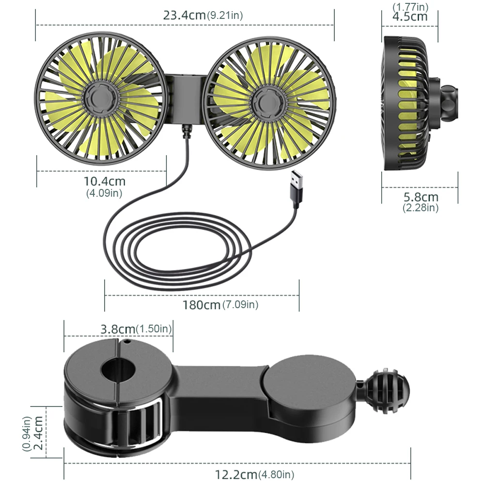 Ventilador de enfriamiento para respaldo de asiento de automóvil de 3 velocidades 360 °   Ventilador de doble cabezal ajustable, ventilador de ventilación para reposacabezas automático, ventilador sin escobillas, accesorios para coche