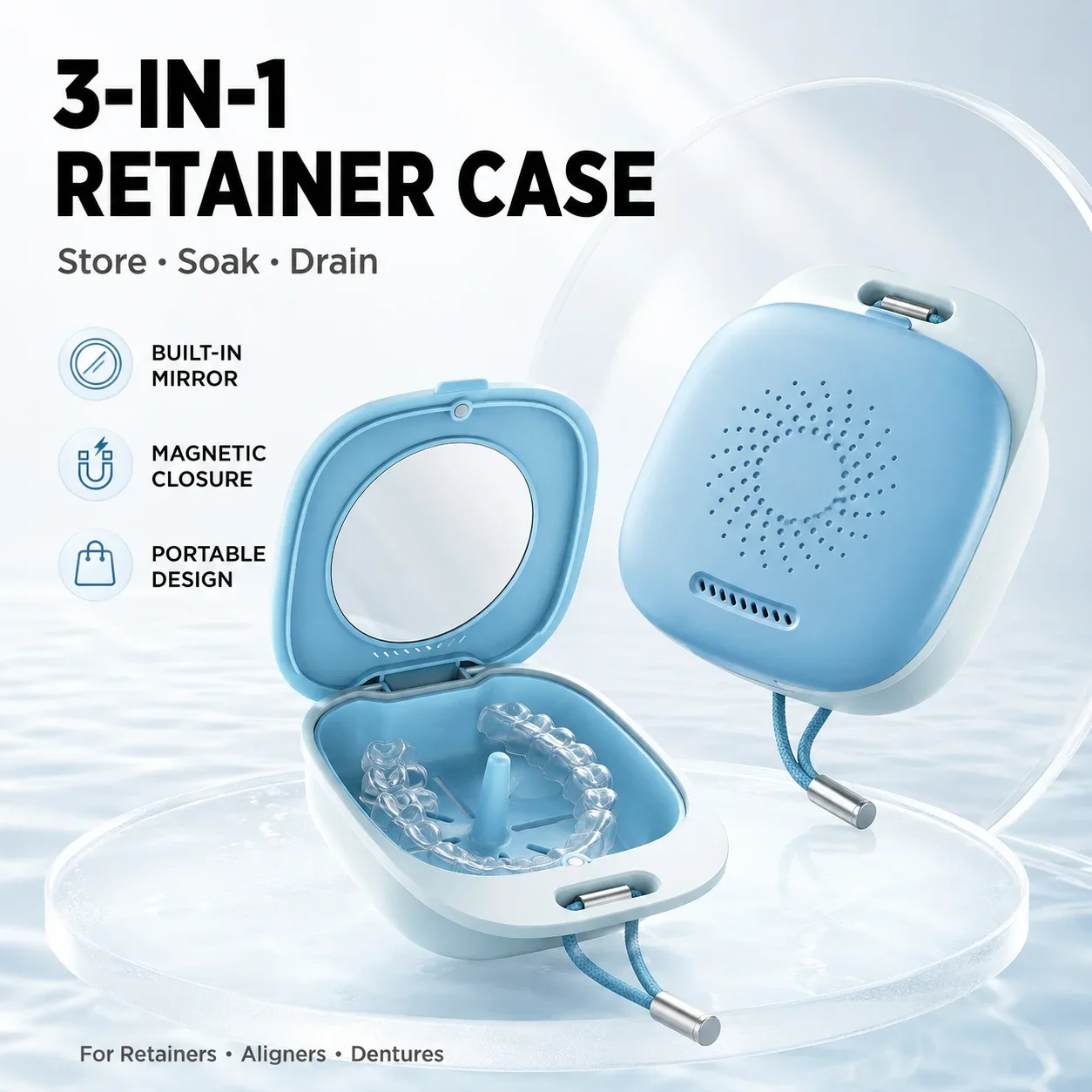 **Portable Retainer Case with Mirror Magnetic Closure 2-Layer Soaking Drain Box for Clear Aligners Dentures Orthodontic Travel K
