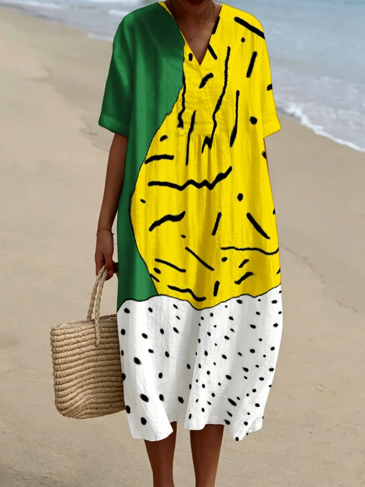 Abito midi da donna con stampa geometrica a blocchi di colore, scollo a V, maniche corte, oversize, estivo, da spiaggia, taglie forti fino alla 5XL