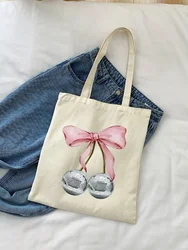 1pc donna tela spalla modello ciliegia Shopper borsa in tessuto donna studenti libri borsa Shopping borse Tote per ragazza