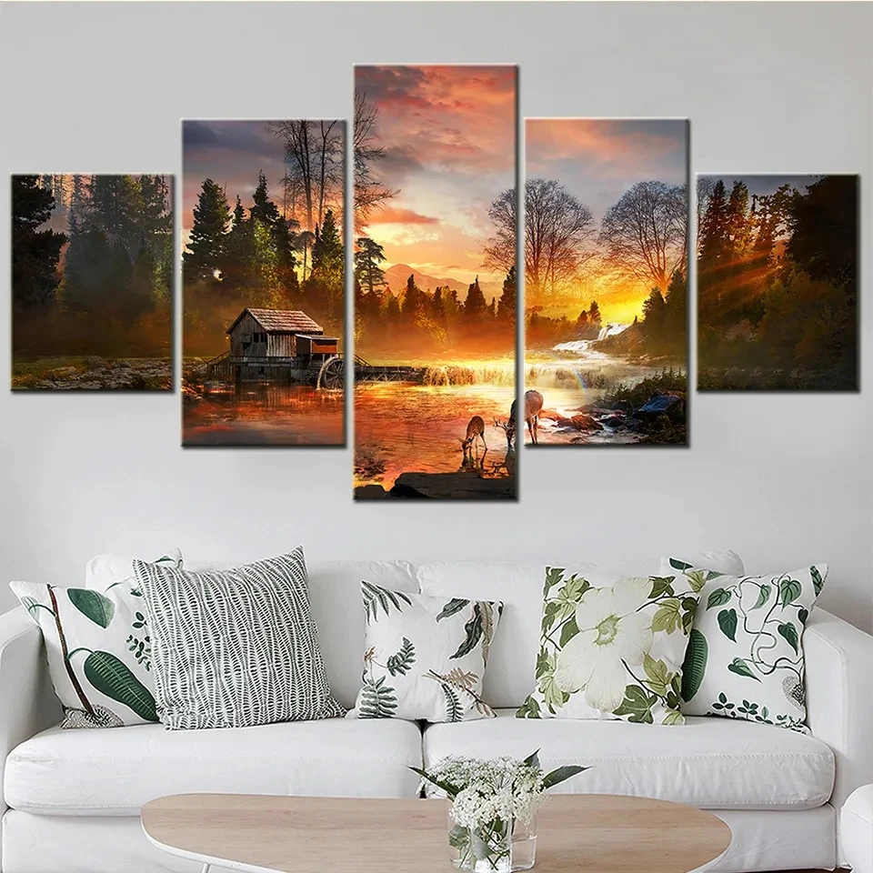 

Nature River Deer Sunset Scenery Diamond Painting 5Panel Full Drill Embroidery Mosaic Puzzle Cross Stitch Kits Home Decor WE1602