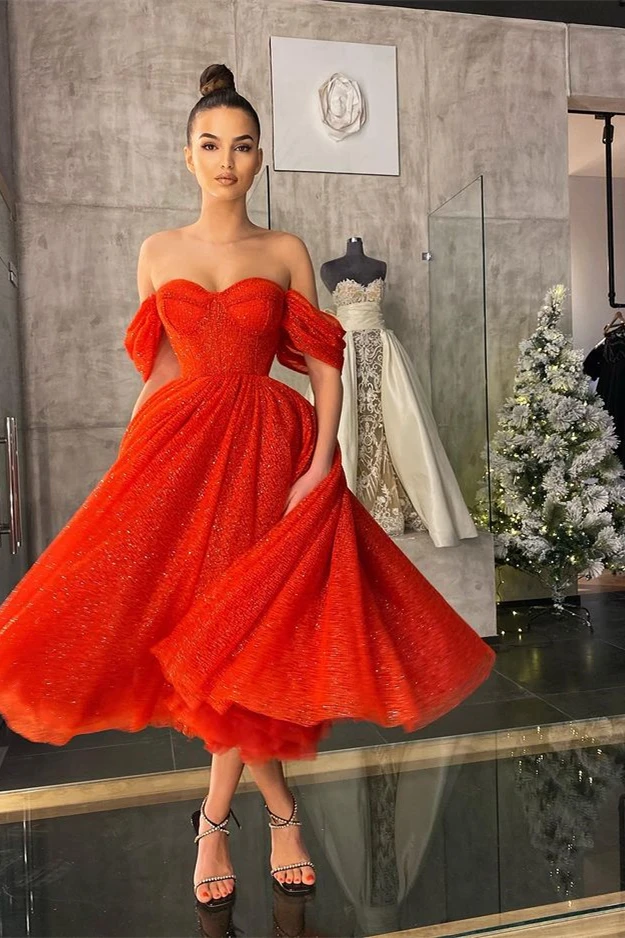 Tea Length Prom Dresses Glitters Sparkly Bling Off Shoulder Sweetheart A Line Formal Party Women Red Evening Gowns