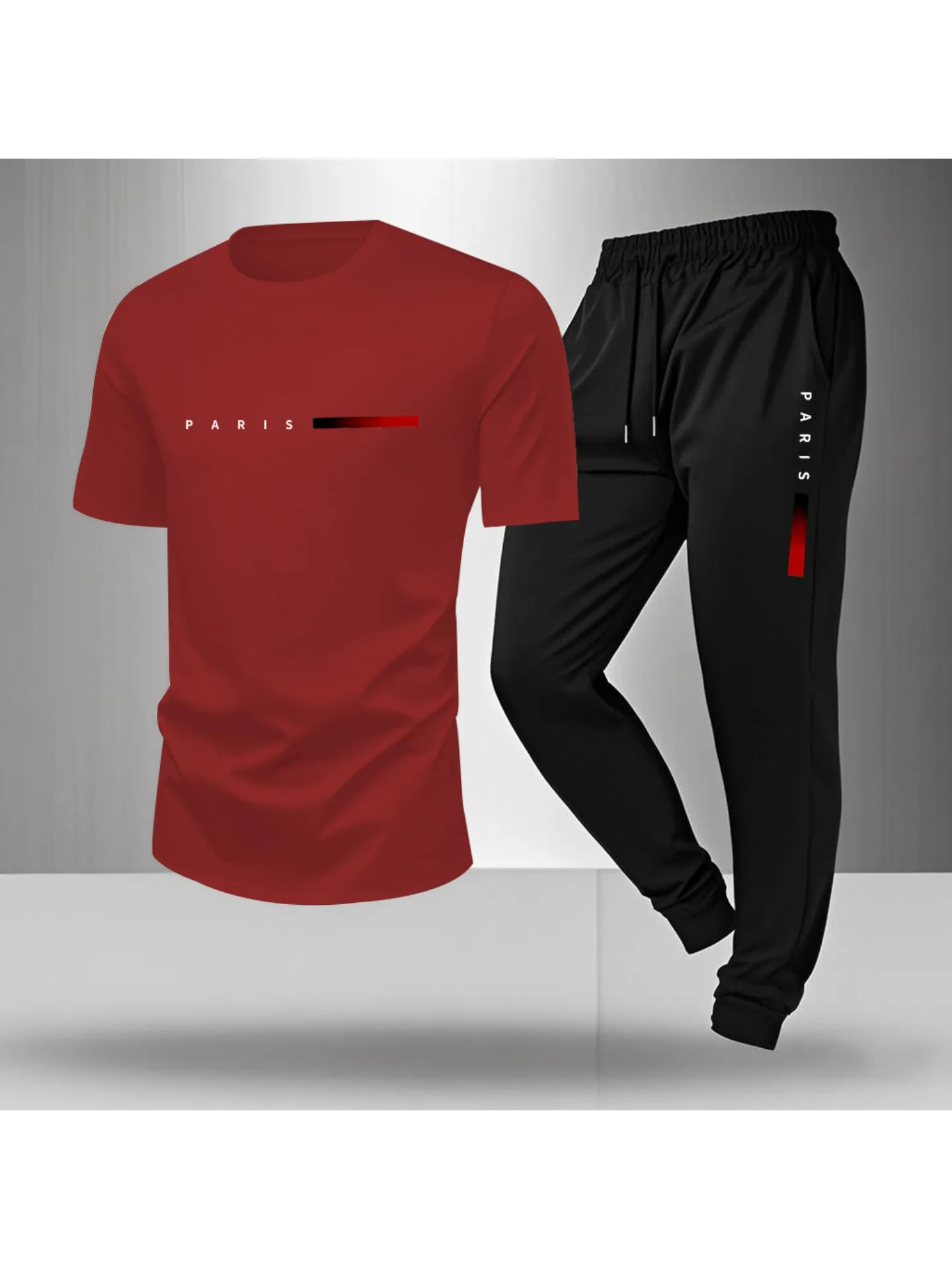 Spring/Summer Paris Letter Printed Round Neck Casual Comfortable Breathable T-shirt with Drawstring Outdoor Sports Pants Set - Image 4