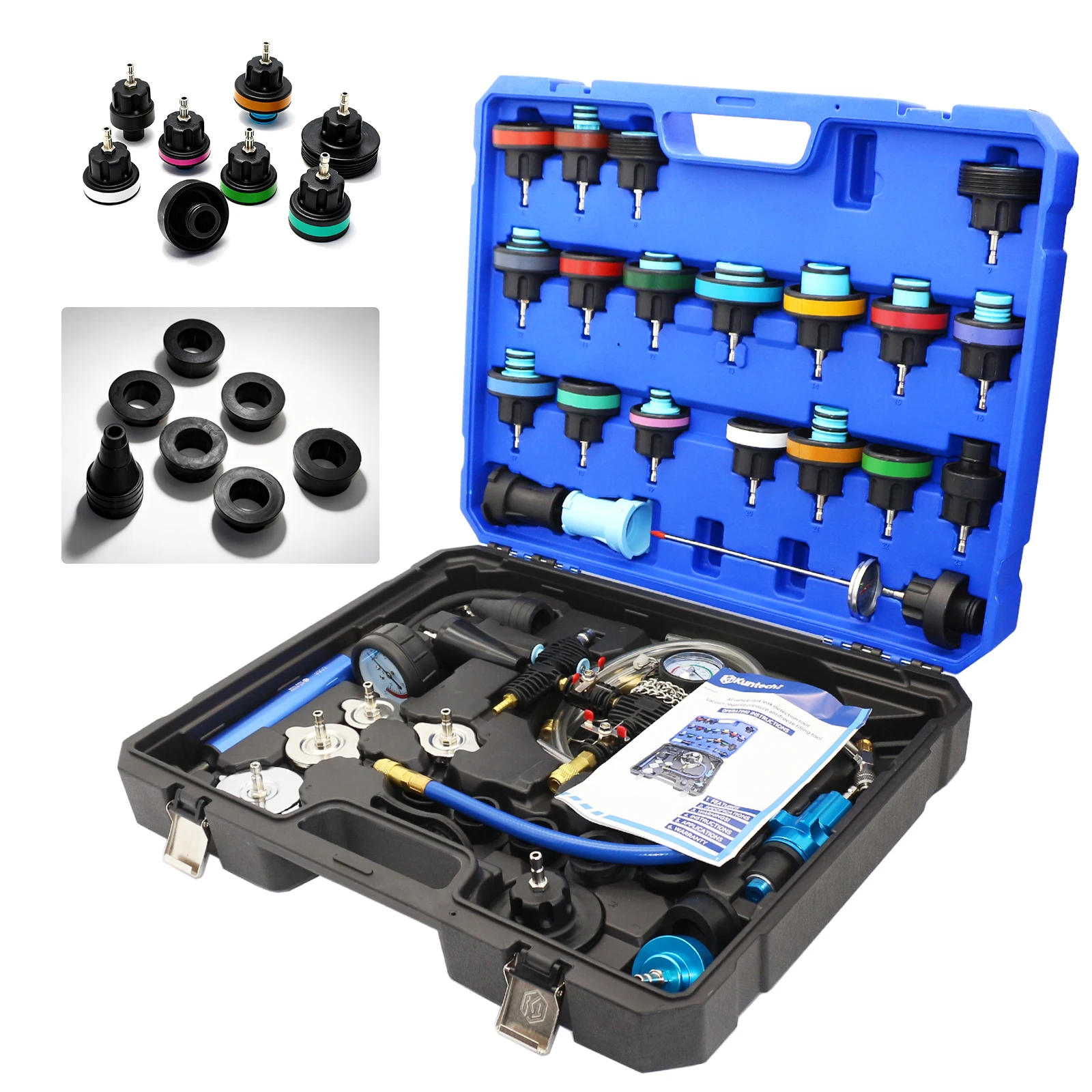 

42Pcs Radiator Coolant Pressure Tester Vacuum Refill Tool Kit Automotive Cooling System Leak Test and Pneumatic Purge Fill Set