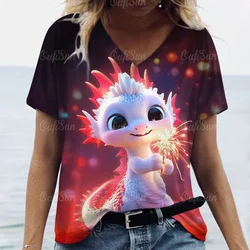 T-shirt Dragon Cartoon pour femme, col en V, manches courtes, pull femme respirant, streetwear décontracté, vêtements à la mode, nouvel an, 2024