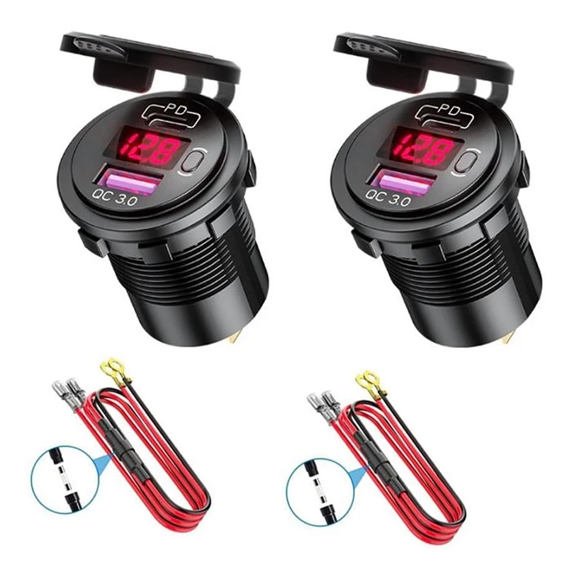 2 Pack PD Type C 48W USB Car Charger Socket,QC 3.0 Quick Charger Outlet With Voltmeter And Switch For Boat Truck RV