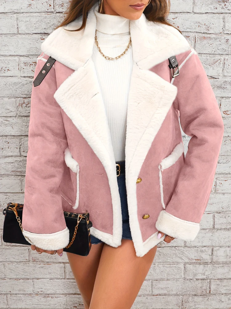 

New Autumn Winter Casual Solid Lapel Long-sleeved Loose Thickened Women's Plush Jacket, Vintage Lady Chic Warm Coat Outerwear