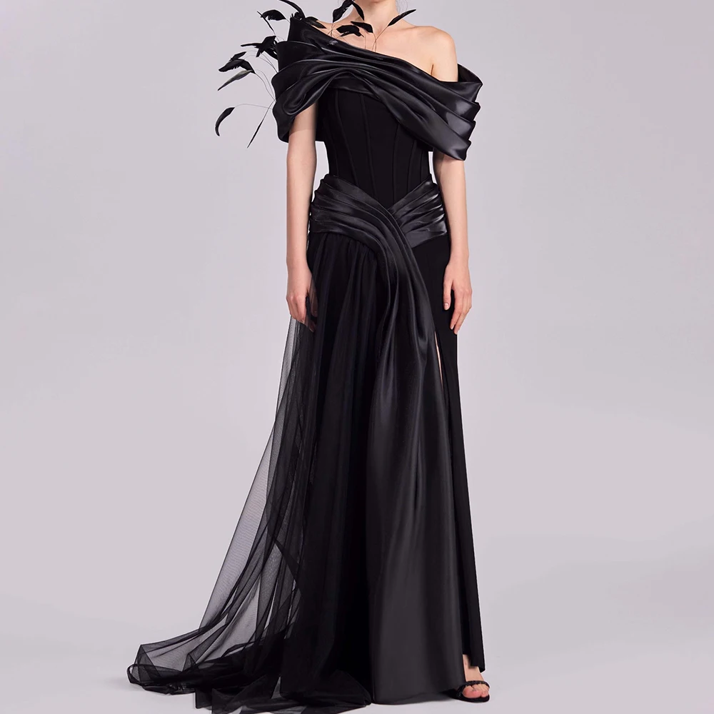 Customized Modern Panel Train Front Slit Pleats Feathers Off The Shoulder Evening Dress Graceful A-Line Black Satin Party Dress