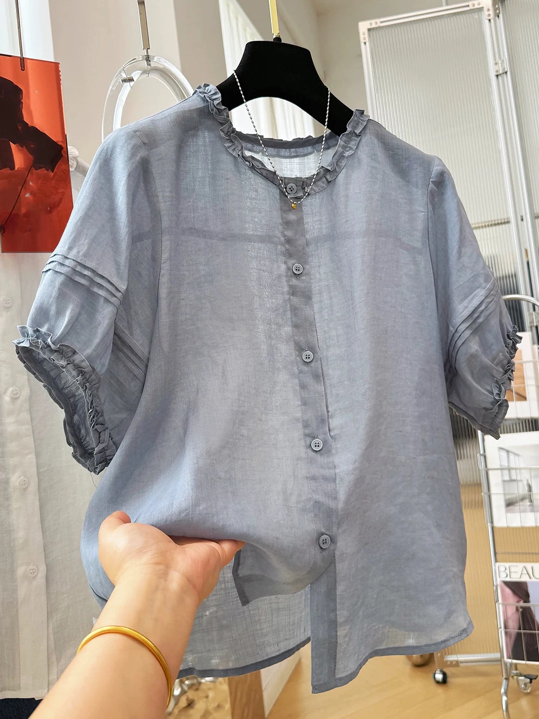 

Casual Pleated Short Sleeve Shirt Women's Summer Thin Loose Slimming Casual Elegant Beautiful Small Top Breathable Comfortable