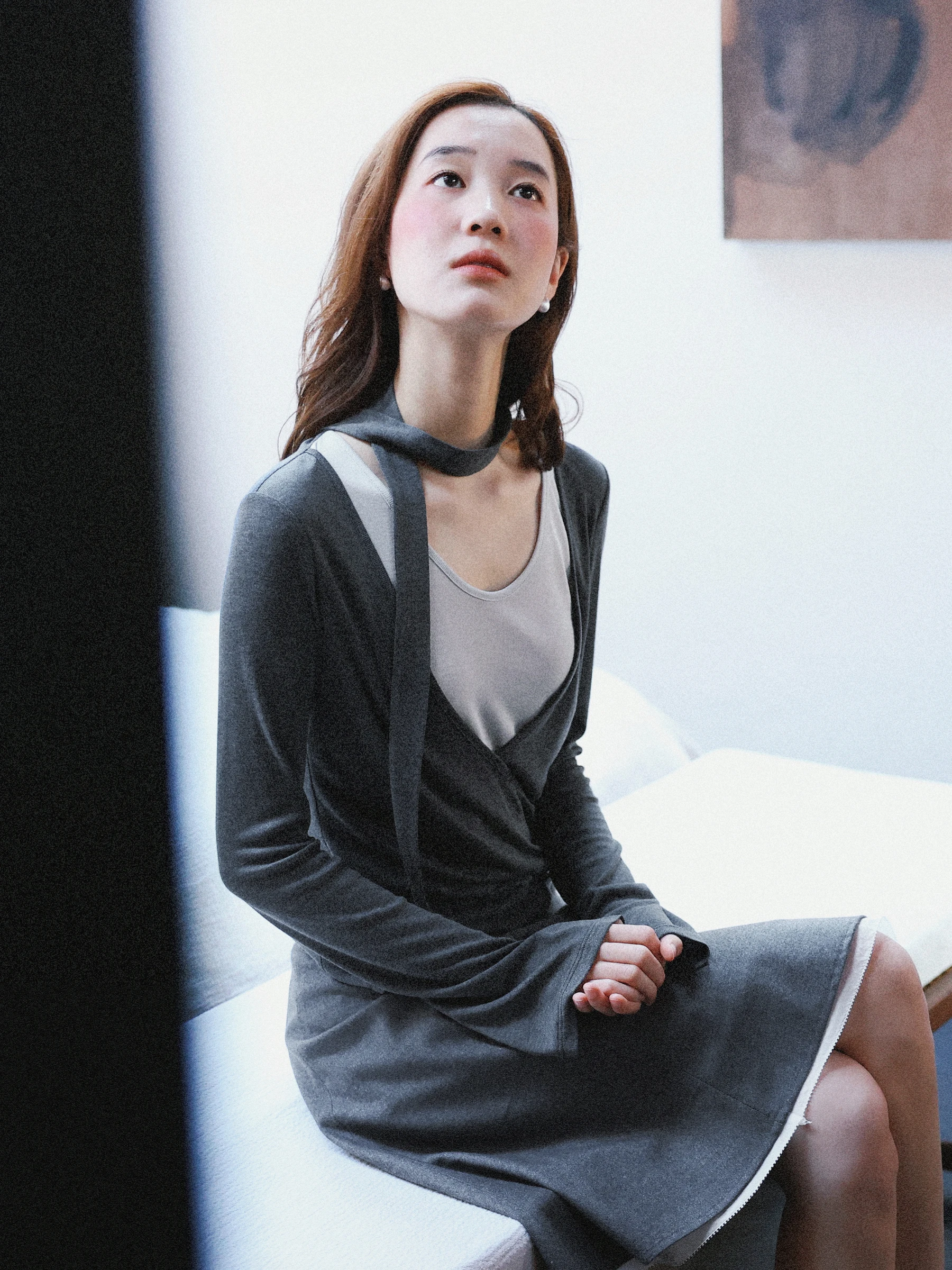 Munns Ruxi Blue Grey Scarf Collar Long Sleeve T-Shirt Crossed over Panel Unique Design Slim Fit Women's Fashion Top