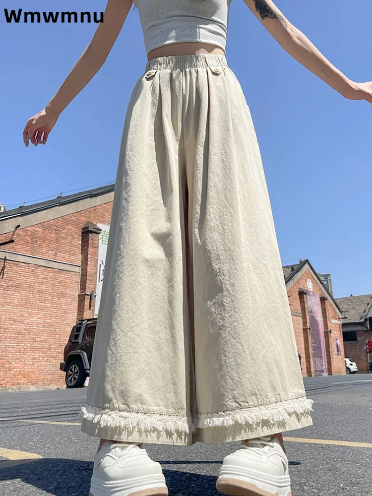 

Эластичные широкие брюки с кисточками, прямые женские повседневные брюки с высокой талией, кружевные свободные модные корейские брюки Hosen