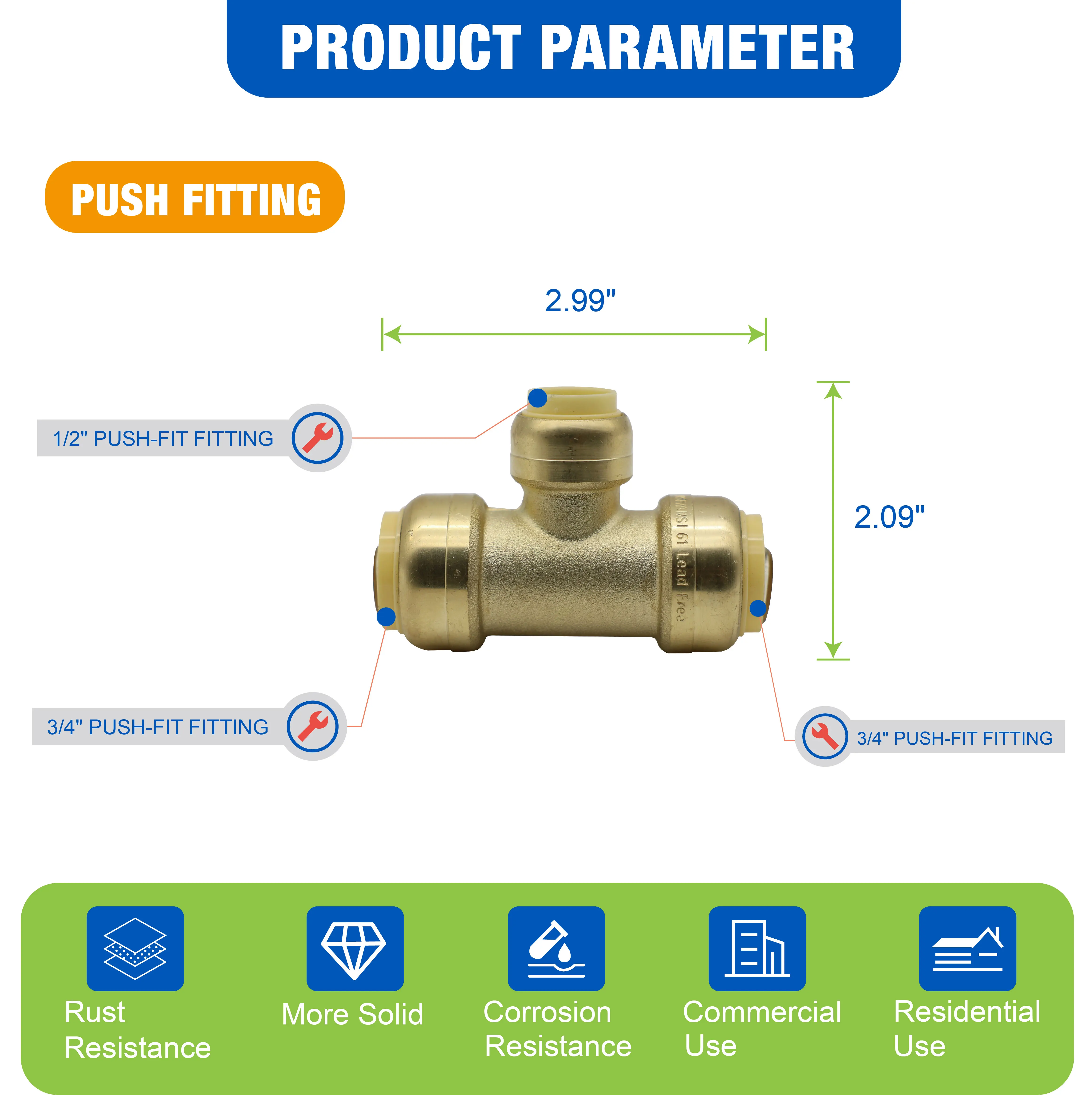 KING SMART 3/4" Push Fit * 3/4" Push Fit * 1/2" Push Fit Tee; 3 unidades/caixa; 80511