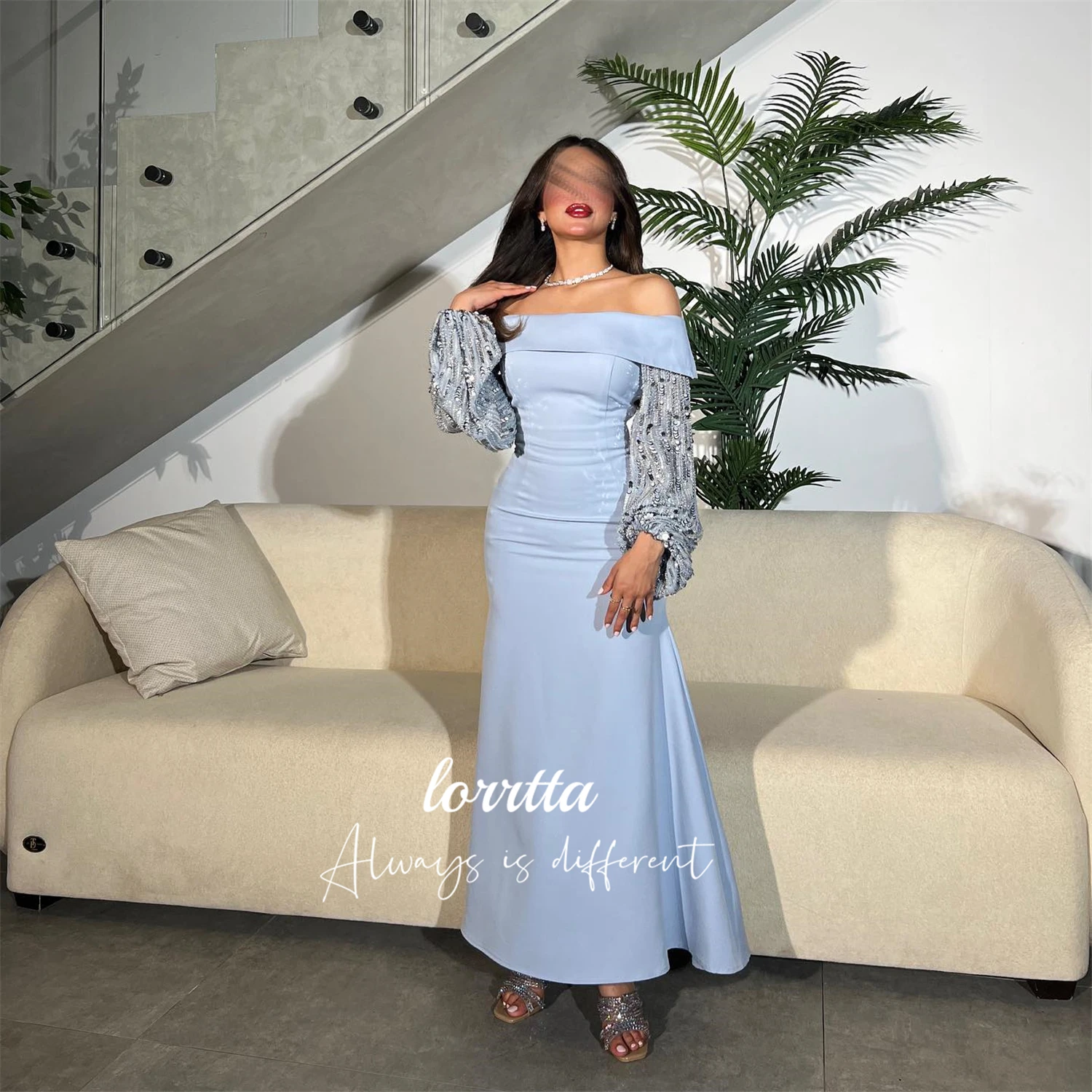 

Lorrtta Long Sleeves Elegant Dress Fishtail Cut Evening Sky Blue Graduation Dresses for Wedding Guest Woman Prom فساتين سهرة