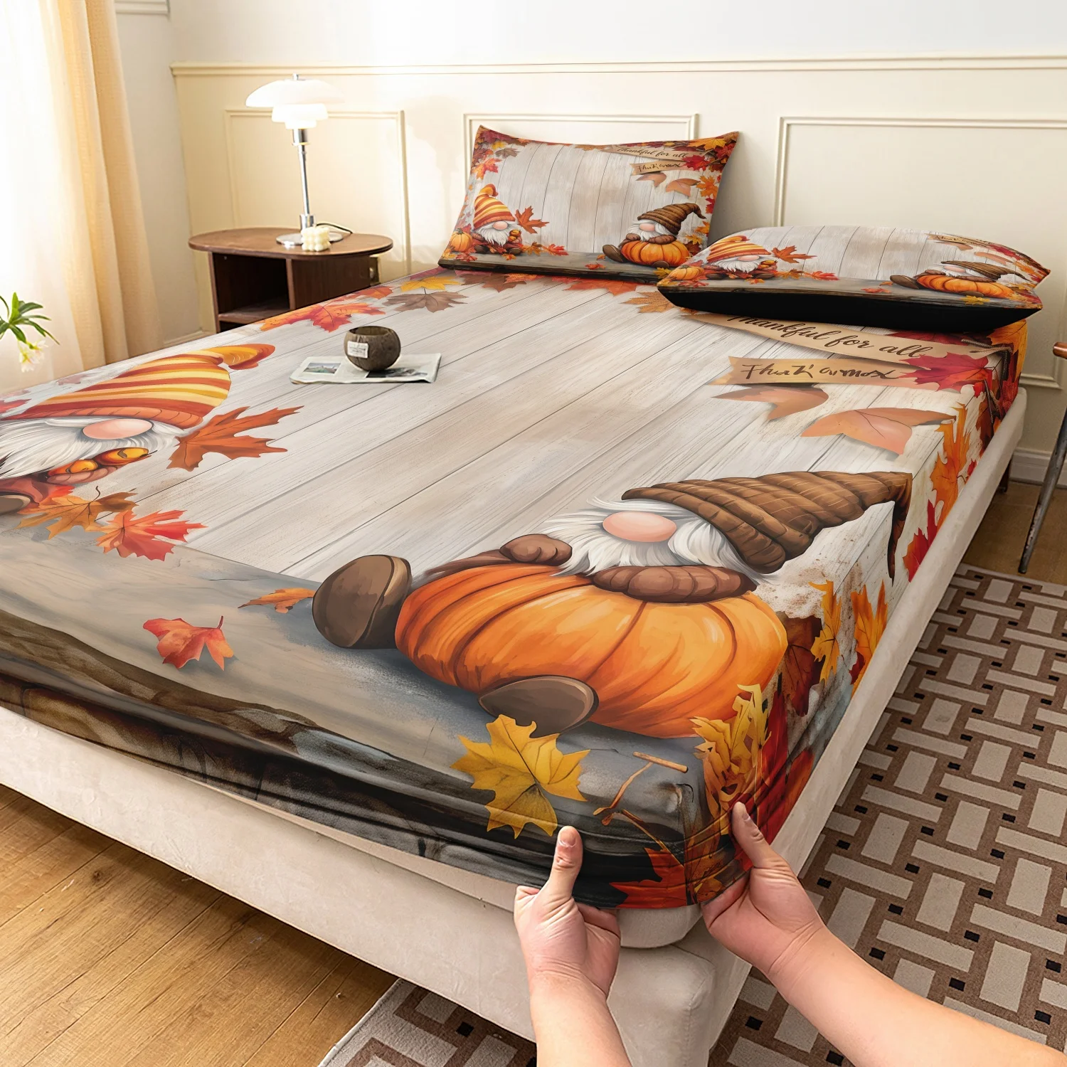  3 Pieces Rustic Farmhouse Fall Print Fitted Sheet Set, Vintage Wooden Plank Cute Gnomes Pumpkin Maple Leaves Pattern Bedding