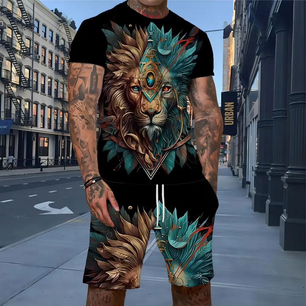 Summer Lion Animal 3D Print T-Shirts Short Sets Men's Tracksuits Oversized Short Sleeve T Shirt Pants Set Man Suits y2k Clothing