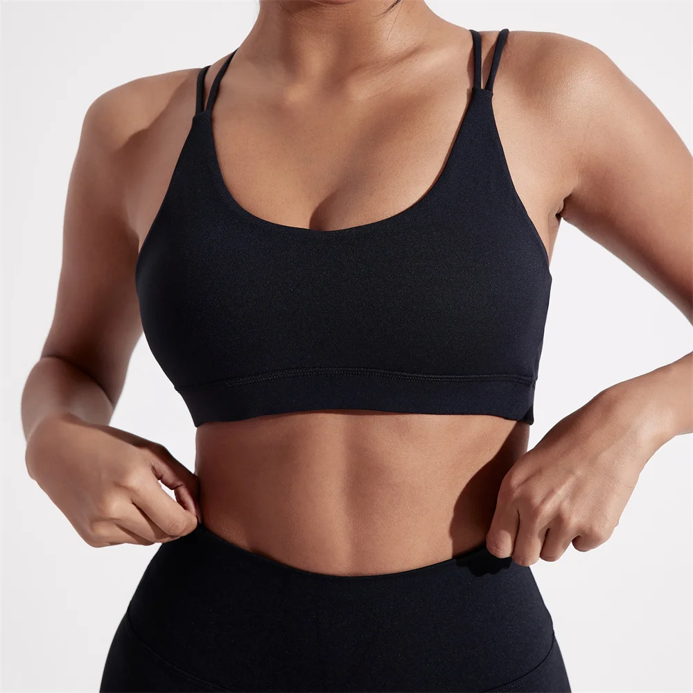 Reggiseno sportivo Fitness da donna antiurto ad alta resistenza in tinta unita Top intimo da Jogging da allenamento incrociato morbido e aderente