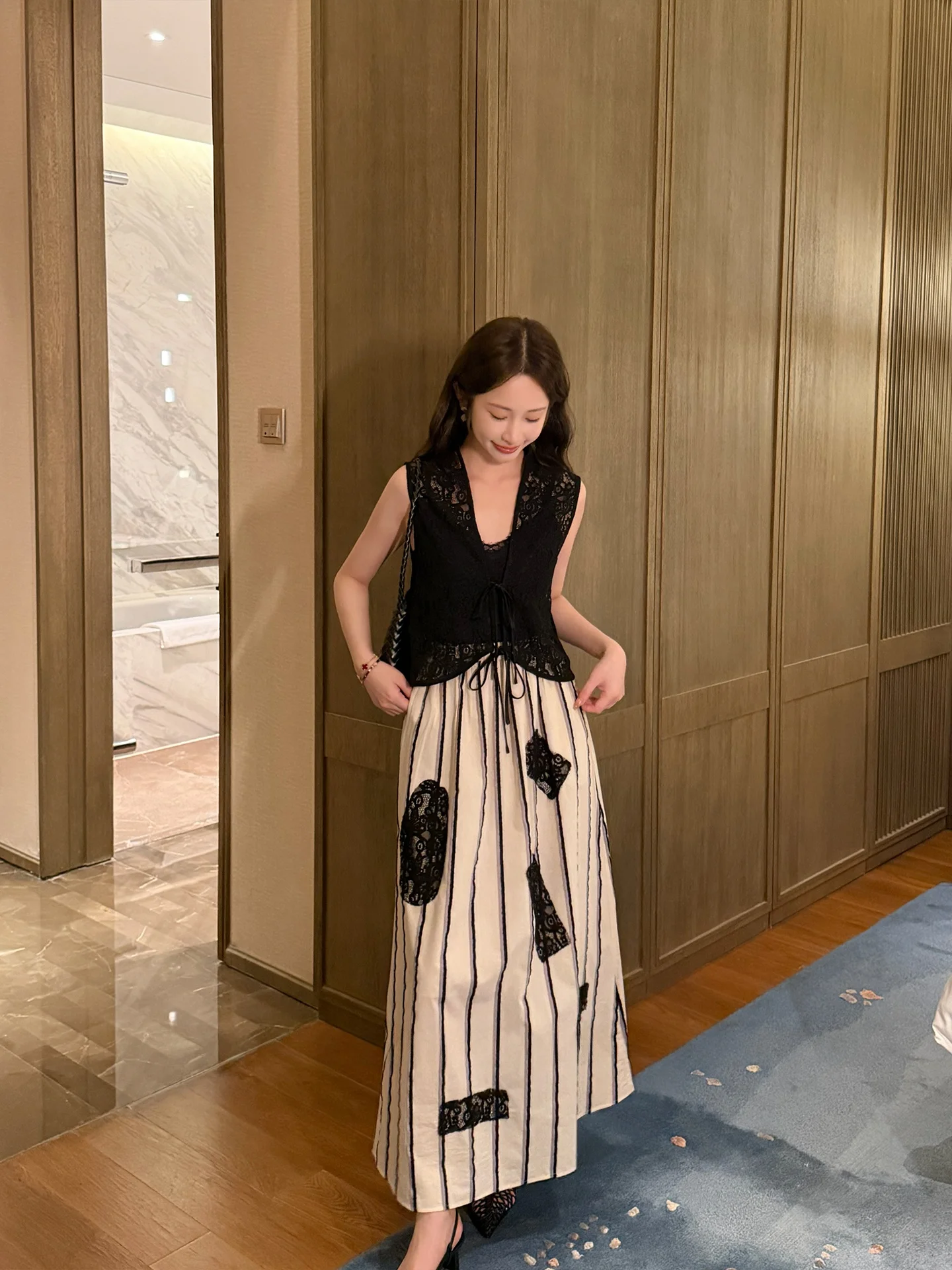 

Новая женская летняя юбка в китайском стиле с кружевом, высокой талией, А-силуэта, в полоску, расклешенная, из смесового хлопка