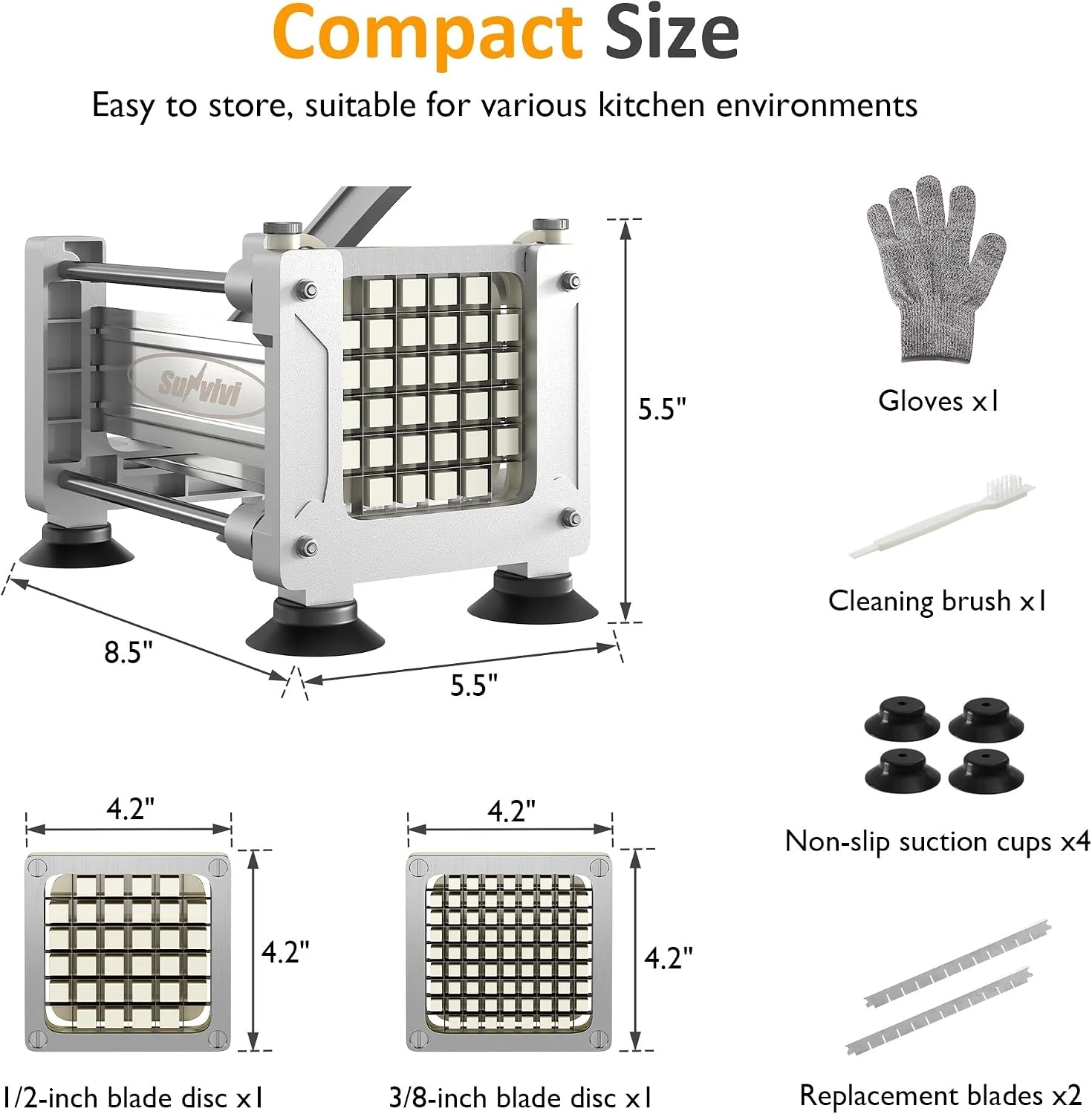 Stainless Steel French Fry Cutter with Suction Base, Professional Potato Slicer & Vegetable Chopper, 2 Replaceable Blades for Thick & Thin Fries