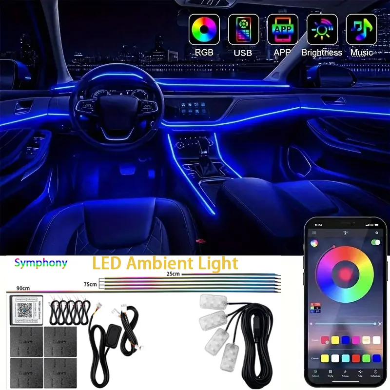 

Acrylic RGB Car Interior Ambient Light Strip 64 Colors DIY Decorative Kit with APP Control 12V LED Mood Lighting for Vehicles