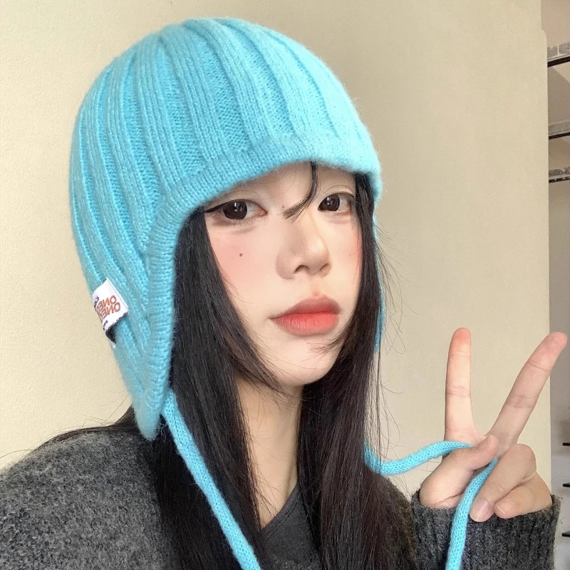 

Ins Fresh Blue Strap Knitted Ear Protection Beanies for Women Autumn and Winter Casual Versatile Korean Sweet Pullover Hats