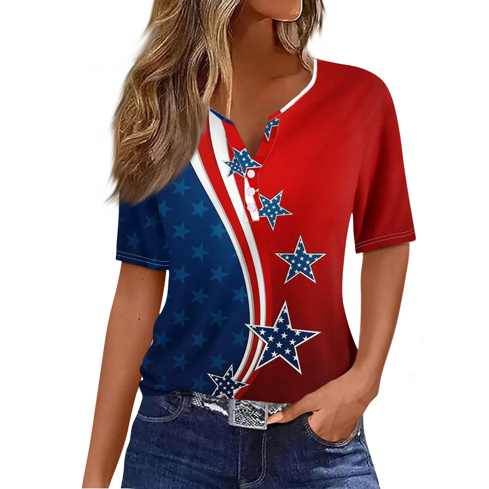 Summer V Neck Button Tops 2024 Women Fashion Independence Day Printed T-Shirts Casual Short Sleeve Party Holiday Top Tees