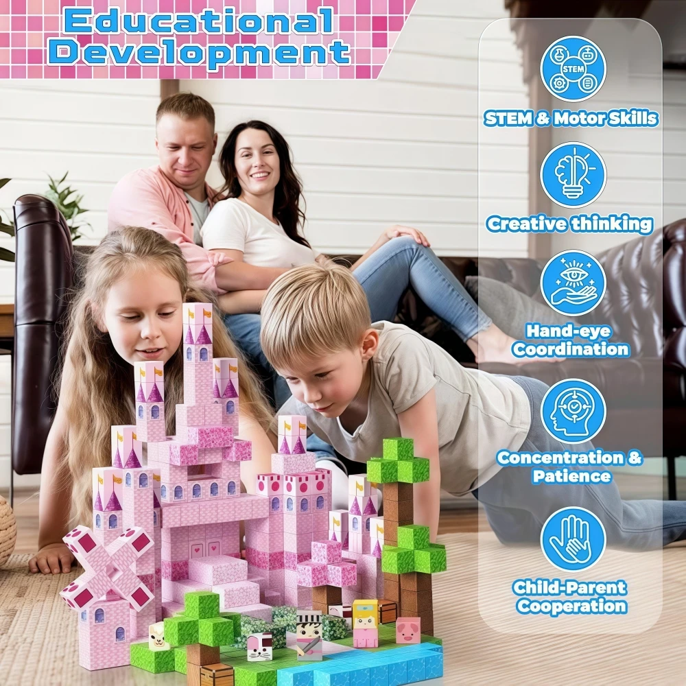 Bloques de construcción magnéticos para niña, conjunto de castillo rosa, montaje gratuito, decoración creativa 3D DIY, juguete educativo STEM, regalo, caja Premium, 100 Uds.