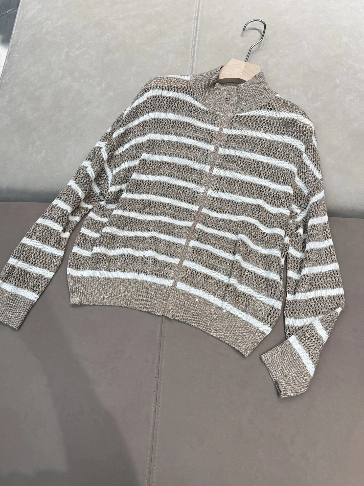 Spring Summer 2025 Women Stripe Mesh Linen Zip-Up Cardigan