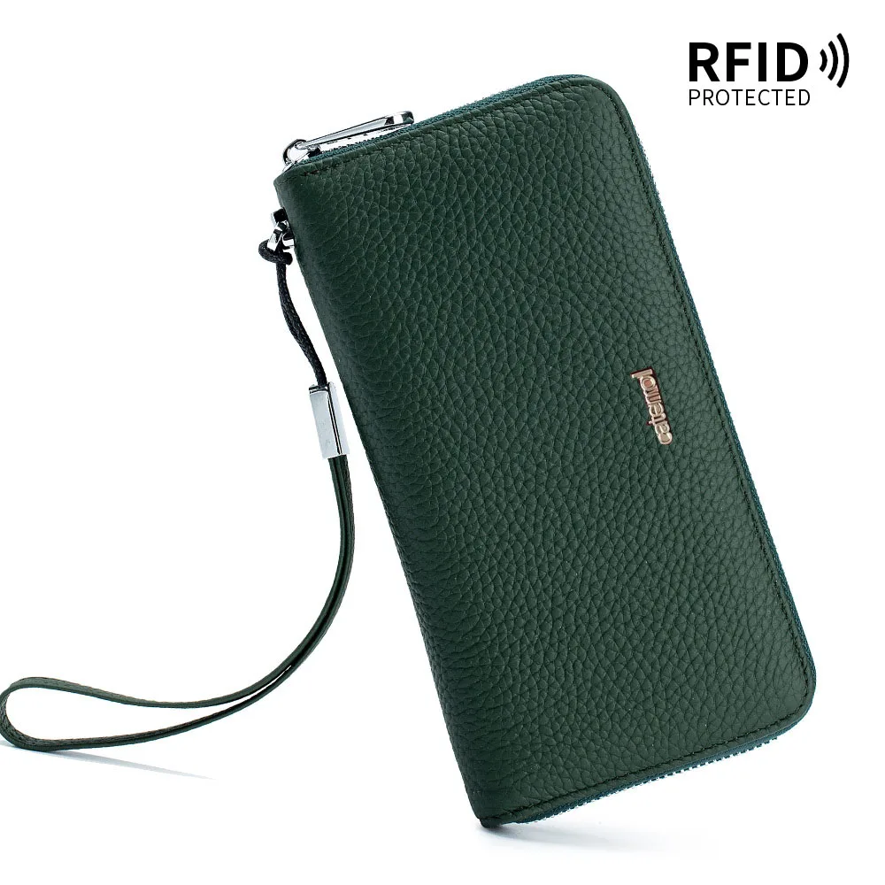 RFID Blocking Genuine Leather Purse Women 2026 New Real Cow Leather Wallet Card Holder Clutch Purse With Wristlet Strap