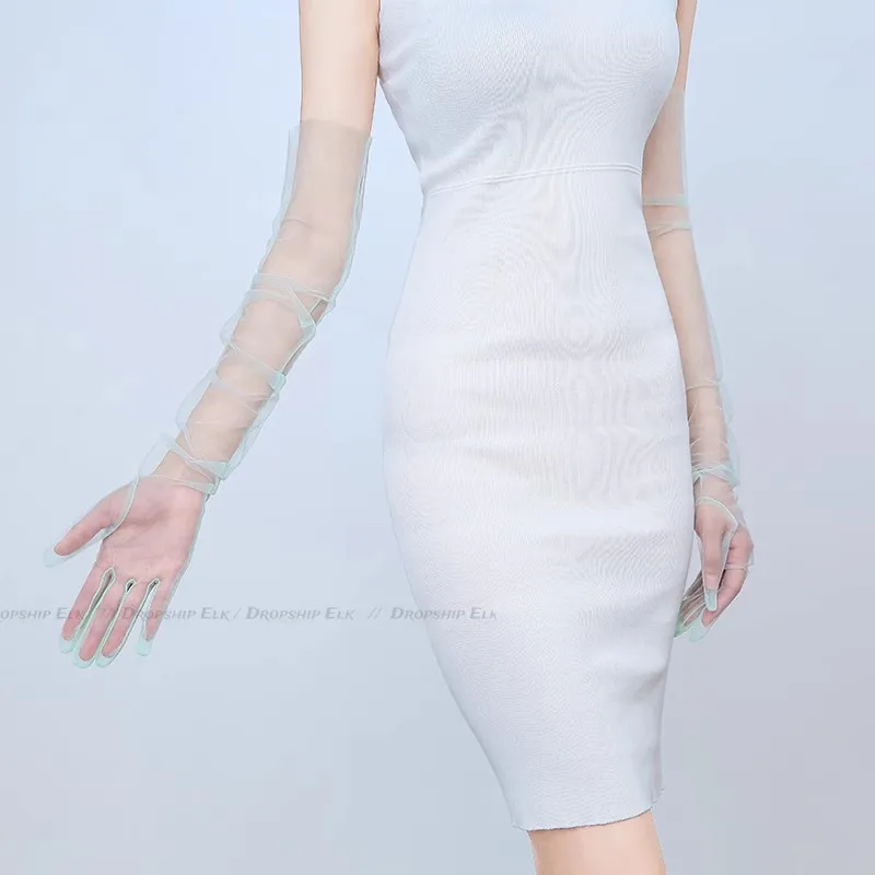Sarung tangan pernikahan wanita, 70CM Retro transparan sarung tangan tabir surya layar sentuh sarung tangan Ultra tipis sarung tangan kain Tule panjang gaun pengantin