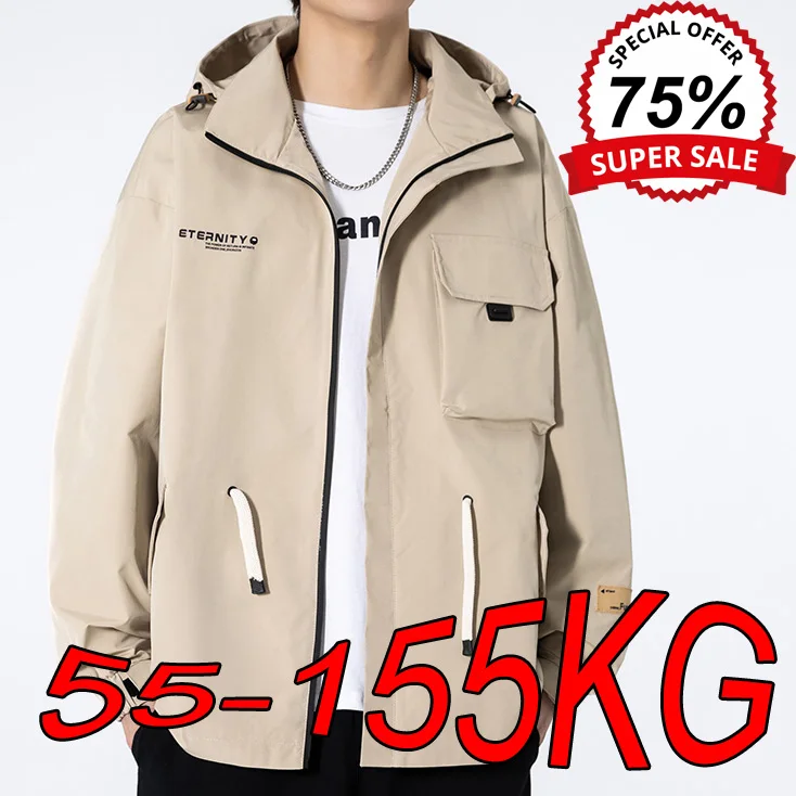 L-9XL Large Size Hooded Jackets Men's Autumn Casual Printed Tooling Coats Plus Size Outdoor Sports Zipper Cardigan Windbreaker