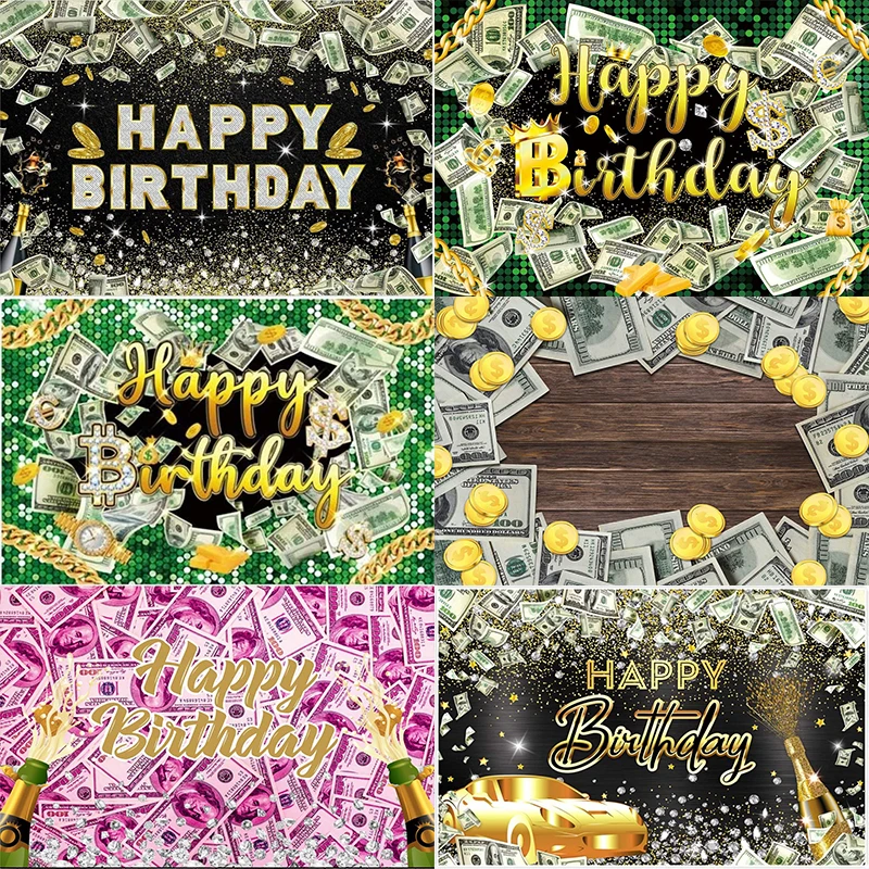 Photography Glitter Champagne Money Theme Banner Decoration Dollar Happy Birthday Party Wall Custom Backdrop Diamond Bill Photo