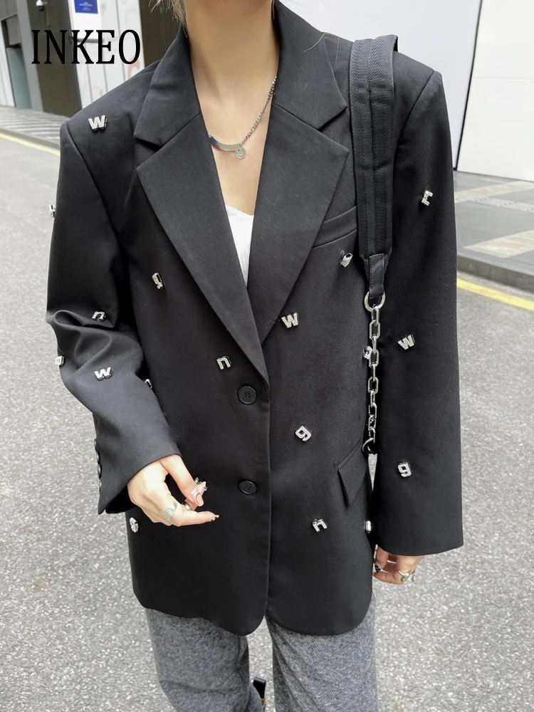 Luxury Women\'s Letter rhinestone blazer Black white 2024 Spirng Korean Loose Single breasted jacket suit Clothes INKEO 3O301