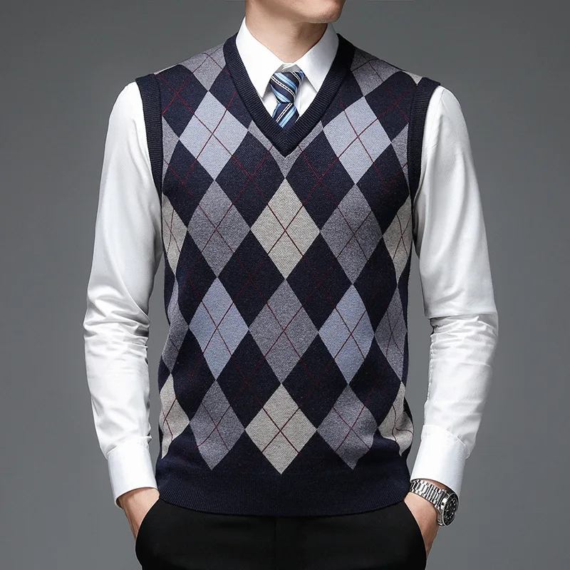 Middle Aged Men\'s Casual Vintage V-neck Sweater Tank Plaid Printed Patchwork Screw Thread Loose Jacquard Sleeveless Knitted Top
