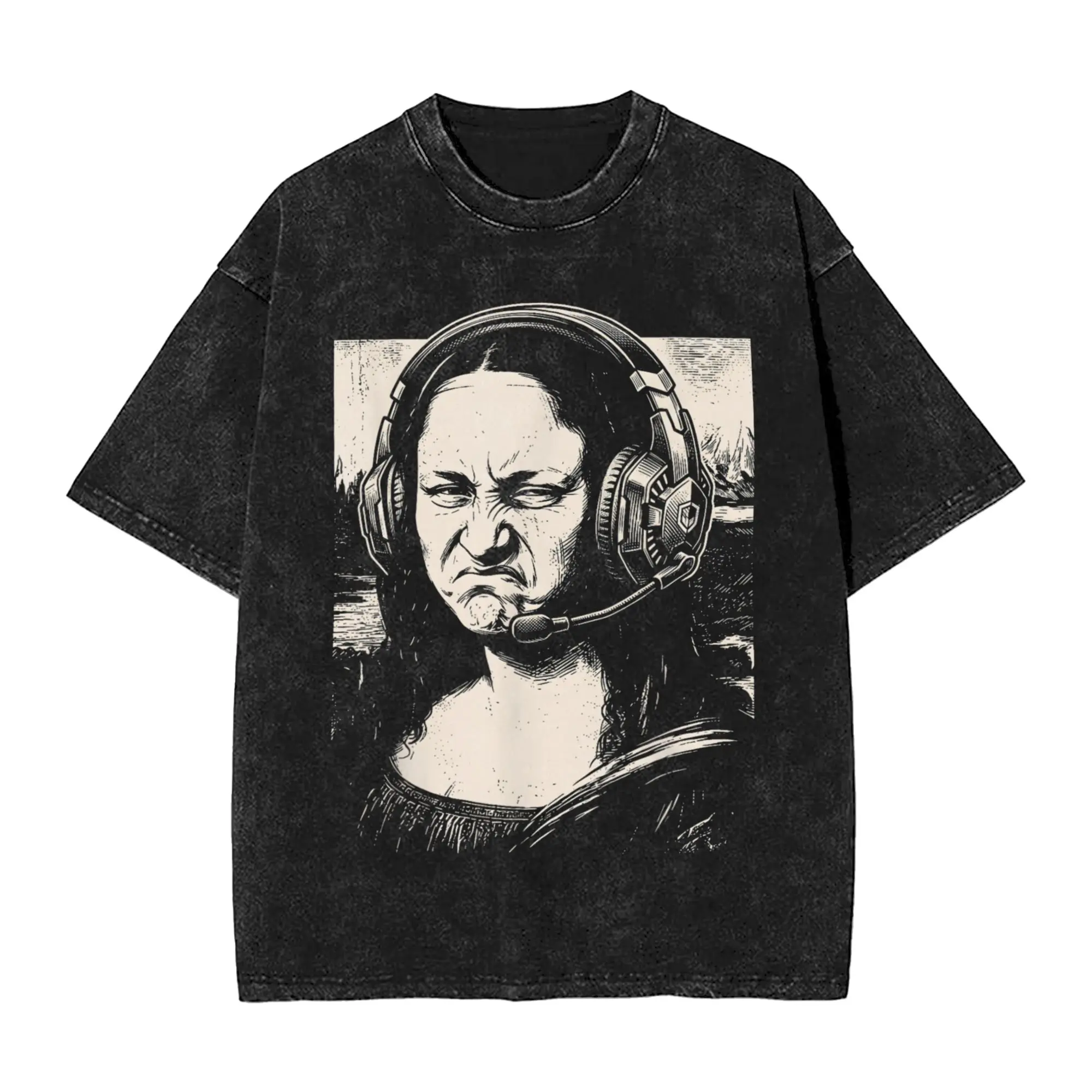 Mona Lisa Bass Face Headphones Funny Gamer Gaming Humor T Shirts Tops Summer Streetwear Short Sleeve T Shirt Casual Tee Shirt