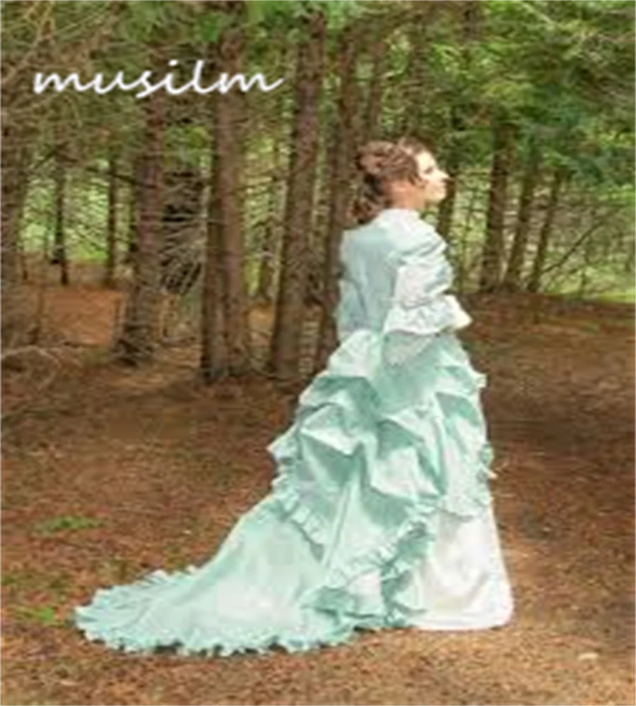 Celtic Mint Green Gothic Wedding Dress 2023 Retro Renaissance Medieval Bridal Gowns Ruffles Long Sleeve Civil 1950s Bride Dress