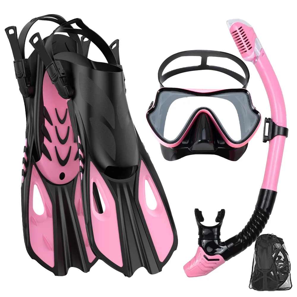 Maskenflossen-Schnorchel-Set, Schnorchelausrüstung für Erwachsene, Panoramablick, Schnorchelmaske, verstellbarer Tauchflipper, Schnorchel- und Reisetasche mit trockenem Oberteil – Detail 7